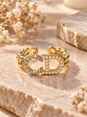Gold Open Adjustable CD Style Chain Ring Rhinestone Pearl Statement